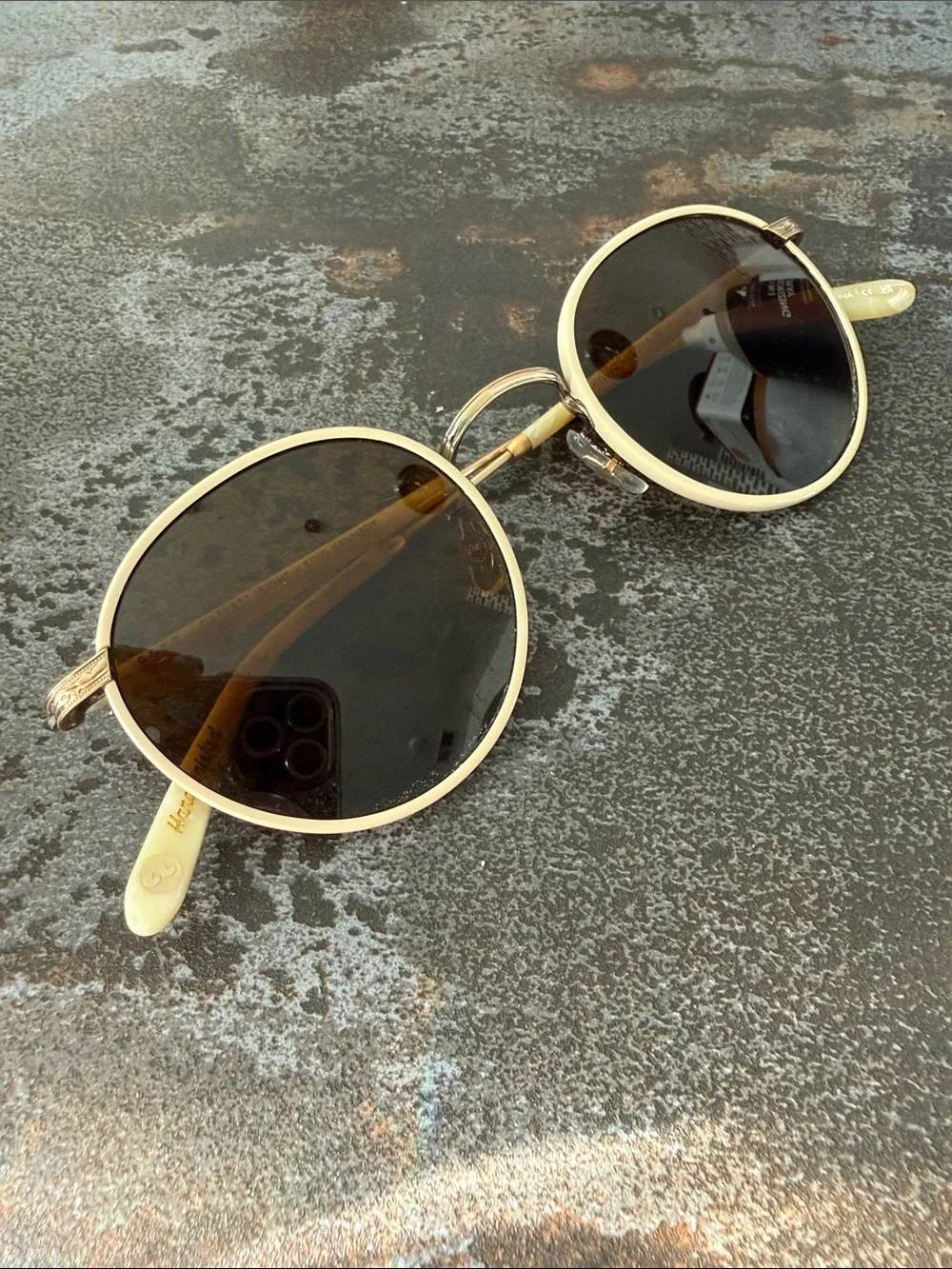 Garrett Leight Gold Round Sunglasses with Dark Brown Lenses Wilson